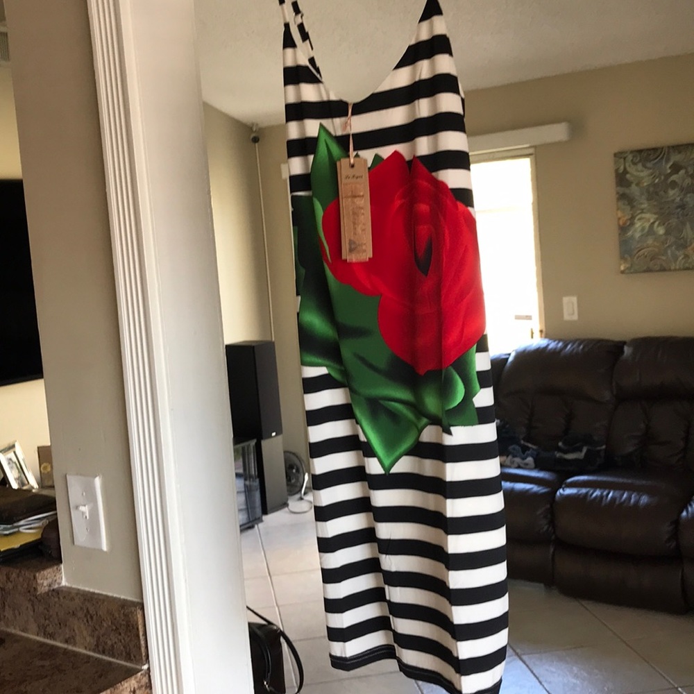 NWT Black and white striped dress with rose